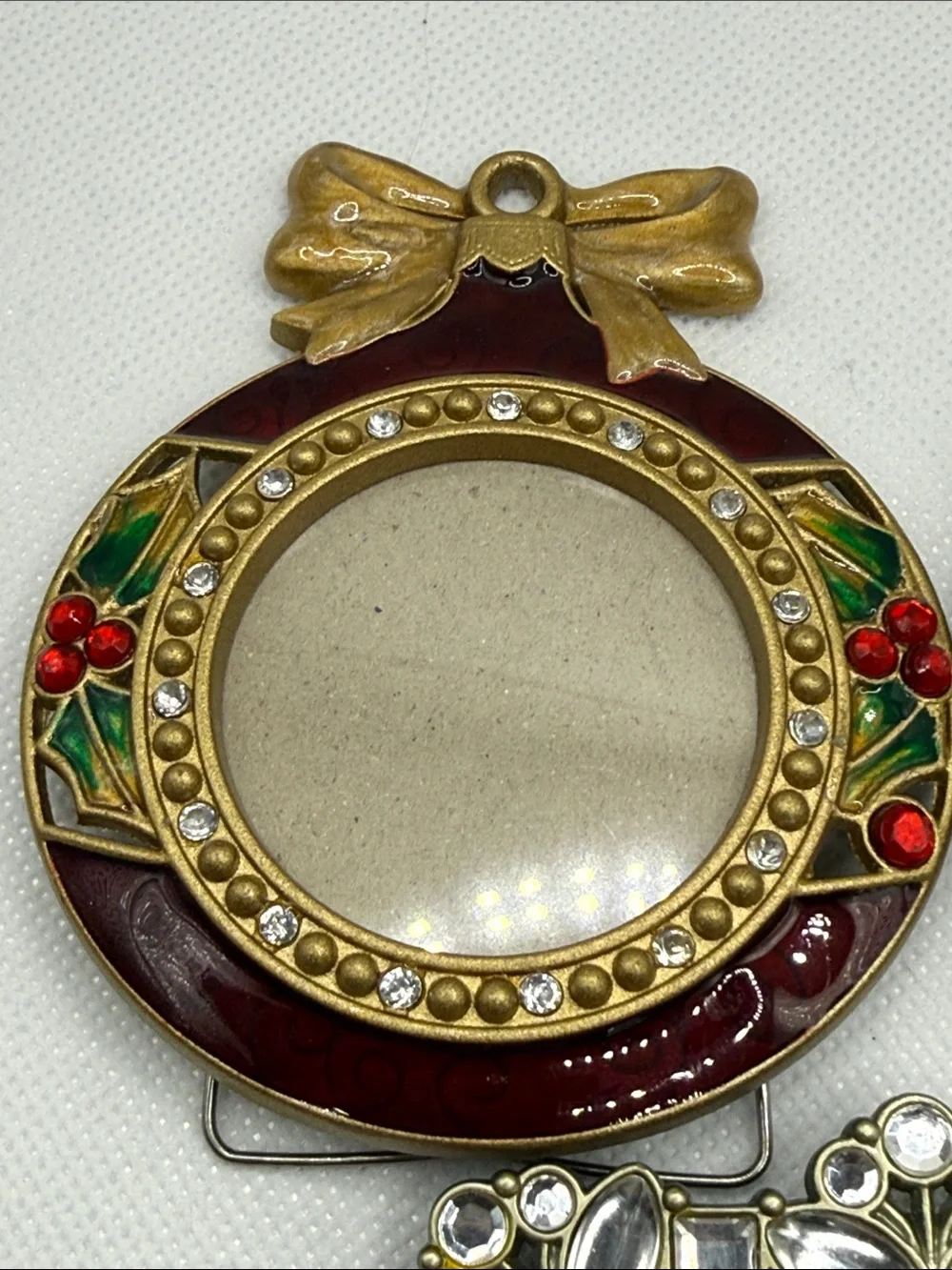 3 Holiday enamel & rhinestone mini photo picture frame wreath ornament bedazzled